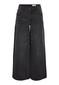 Zwarte denim broek met wijde pijpen en hoge taille, voorzien van voorzakken en een subtiele textuur; ontworpen voor een ontspannen pasvorm.