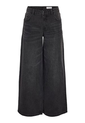 Pantaloni in denim nero a gamba larga con vita alta, tasche frontali e una sottile texture; progettati per un fit rilassato.