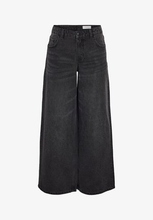 Wide-leg black denim pants with a high waist, front pockets, and subtle texture; designed for a relaxed fit.