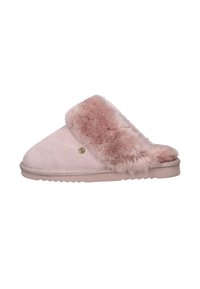 Roze suède slipper met een zachte, pluizige roze bontvoering en een open achterkant ontwerp. Voorzien van een rubberen zool met textuur voor grip en een klein gouden logo.