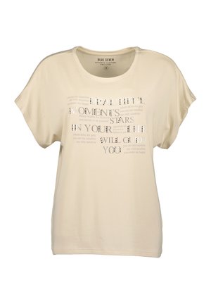 Beige Damen-T-Shirt mit kurzen Ärmeln und Rundhalsausschnitt, verziert mit silbernem und weißem Schriftzug: "Schöne Momente in deinem Leben werden dich führen."