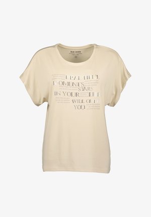 Beige Damen-T-Shirt mit kurzen Ärmeln und Rundhalsausschnitt, verziert mit silbernem und weißem Schriftzug: "Schöne Momente in deinem Leben werden dich führen."