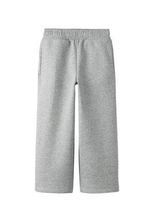 Pantalons de survêtement gris en tissu doux avec une taille élastique, des jambes larges et deux poches latérales. Design simple sans motifs ni accents.
