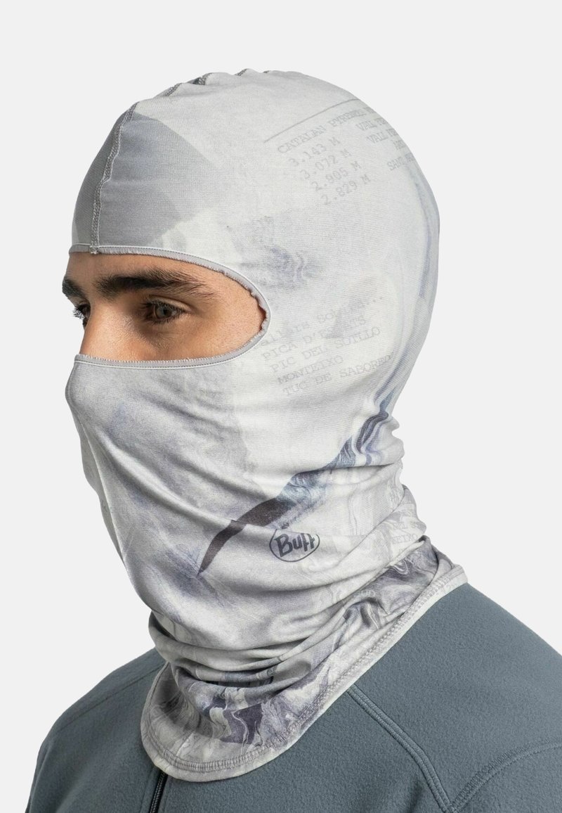 Light gray multifunctional headwear made of stretchy, soft fabric, featuring an abstract pattern and logo on the front.