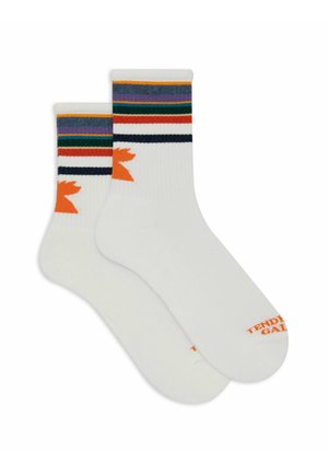 Calzini bianchi con strisce orizzontali multicolori e dettagli arancioni a forma di foglia. Texture morbida con il nome del marchio in contrasto sulla punta.