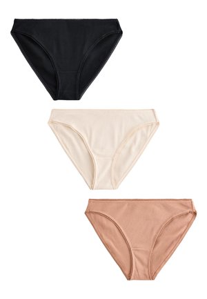 Trois culottes pour femmes en noir, beige et marron clair, avec une texture côtelée et un design sans couture avec des bords décoratifs.