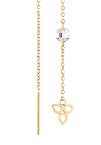 Orecchini a catena dorata con una perla di cristallo trasparente e un pendente decorativo a forma di trifoglio con dettagli intagliati.