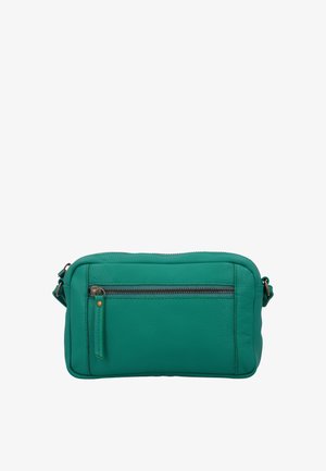 Sac bandoulière en cuir vert avec poche zippée à l'avant et sangle réglable, présenté sur un fond blanc.