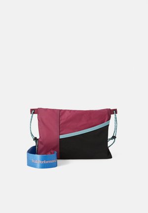 Colorful bag featuring a maroon, black, and blue design. Made of textured fabric with a shoulder strap and a branded accent.