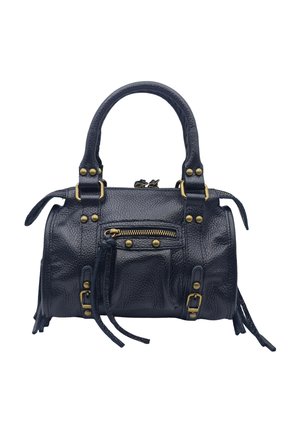 Sac à main en cuir noir texturé avec des anses arrondies, une poche zippée à l'avant avec un pompon à tirette, et des clous et boucles de couleur laiton.