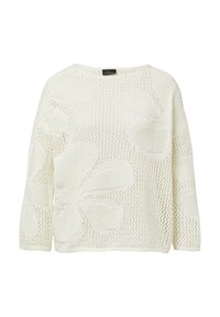Weißer Strickpullover mit weitem Ausschnitt, Dreiviertelärmeln und floralem Muster in offener Webstruktur.