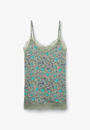 Zielony top w deseń paisley z koronkowym wykończeniem i regulowanymi ramiączkami. Posiada kwiatowe wzory w odcieniach niebieskiego i różowego na teksturowanym tle.