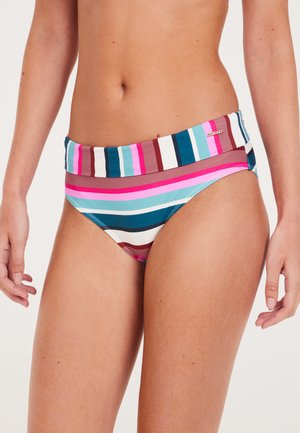 Parte inferiore di bikini a righe con una cintura ampia che alterna colori blu, rosa e marrone, aggiungendo un contrasto visivo al design.