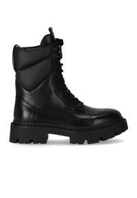 Sorte læder ankelstøvler med en kraftig sål, der har snørebånd foran, polstret krave og trækstrop, som har en glat og struktureret finish.