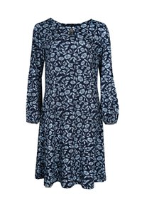 Marineblaues Blumenkleid mit langen Ärmeln, das hellblaue Blumenmuster, einen runden Ausschnitt und geraffte Ärmelbündchen aufweist.