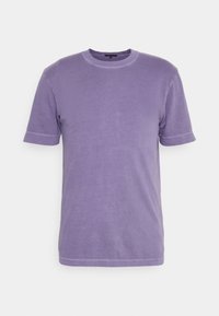 Fioletowy bawełniany t-shirt z krótkim rękawem, okrągłym dekoltem i widocznymi szwami. Miękka tekstura i swobodny fason.