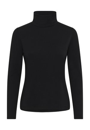 Black turtleneck long-sleeve top made from stretch fabric, featuring a fitted silhouette and smooth texture. No visible patterns or embellishments.