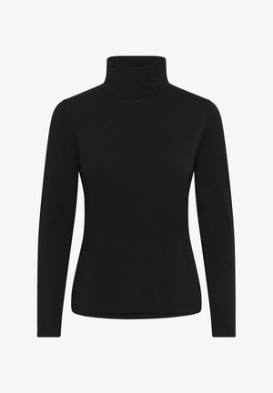 Maglietta a maniche lunghe nera a dolcevita realizzata in tessuto elasticizzato, con una silhouette aderente e una texture liscia. Nessun motivo visibile o decorazioni.