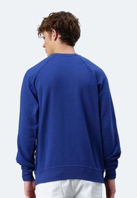 Felpa blu con collo rotondo, maniche raglan lunghe, morbido al tatto, polsini e orlo a coste, e vestibilità comoda.