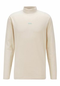Long-sleeve turtleneck shirt in light beige cotton, featuring a subtle turquoise "BOSS" logo on the chest and a fitted design.