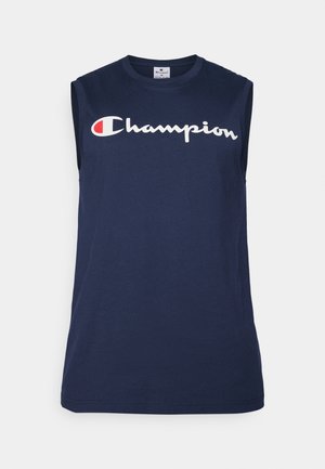 Navy sleeveless t-shirt made of cotton featuring a white "Champion" logo across the chest, round neckline, and straight hem.