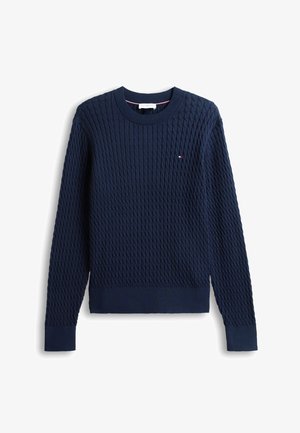 Tumesinine kaablisilmaga pika varrukaga kampsun ümar kaelusega ja vasaku rinna kohal väikese tikitud logoga.