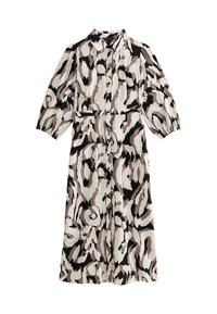 Knopfärmdigen Kleid mit Dreiviertelärmeln. Es hat ein wirbelndes Muster in Schwarz, Beige und Creme. Hergestellt aus leichtem Stoff.