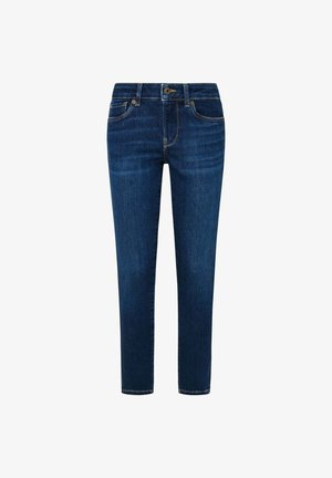 Tumedast sinised denimpüksid, millel on istuv muster, viie taskuga stiil, nähtav õmblemine ning klassikaline vöökoht ühe nupukinnitusiga.