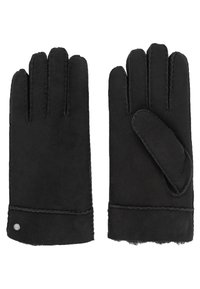 Guanti in pelle nera con cinque dita, caratterizzati da una texture morbida e dettagli di cucitura. Il polsino presenta un piccolo accento metallico.