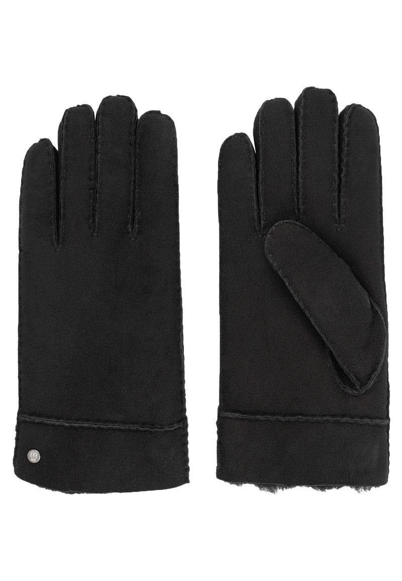 Guanti in pelle nera con cinque dita, caratterizzati da una texture morbida e dettagli di cucitura. Il polsino presenta un piccolo accento metallico.
