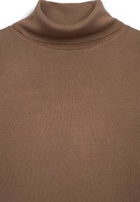 Brauner Rollkragenpullover aus geripptem Strickstoff, mit hohem Kragen und glatter Textur.