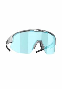 Gli occhiali da sole Bliz presentano una montatura leggera in argento, lenti ampie color blu e naselli in gomma nera regolabili per garantire comfort.