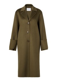 Abrigo de lana verde oliva con un diseño de corte recto, solapas grandes y tres botones. Presenta puños anchos y un acabado suave y texturizado.