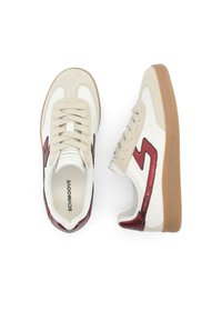 White and beige sneakers with a suede upper, contrasting maroon accents, and a rubber sole. Features laces and branded insole.