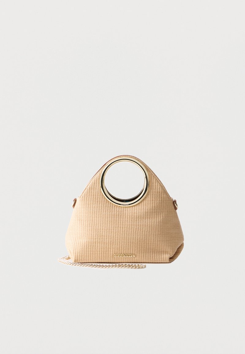 Sac à main beige texturé avec poignée ronde en métal doré et bandoulière chaîne dorée, présenté sur fond blanc uni.