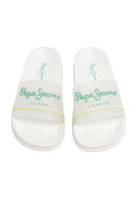 Baltas slidens sandalēs ar zaļu "Pepe Jeans London" tekstu, ar caurspīdīgu siksnu un dzeltenu akcenta līniju. Gluda tekstūra.