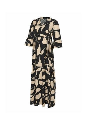 Robe portefeuille noire et beige avec des manches courtes en cloche, présentant un motif abstrait et une taille ceinturée, fabriquée à partir d'un tissu texturé et léger.