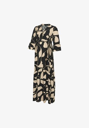 Robe portefeuille noire et beige avec des manches courtes en cloche, présentant un motif abstrait et une taille ceinturée, fabriquée à partir d'un tissu texturé et léger.