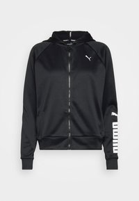Sudadera con cremallera negra hecha de tela suave, que presenta un bolsillo tipo canguro, capucha y el logo blanco de Puma en la manga derecha.