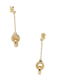 Goldene Tropfenohrringe mit miteinander verbundenen kreisförmigen und ovalen Formen, einer zarten Kette und einem Steckerverschluss. Glatte, glänzende Metalloberfläche.