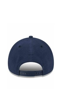 Navy blue cap made of textured fabric, featuring adjustable plastic strap and ventilation eyelets on the back. Round shape with a soft visor.