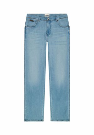 Lichtblauwe spijkerbroek met een rechte pijp, ontwerp met vijf zakken, zichtbare stiksels en een klein logo op de voorzak.