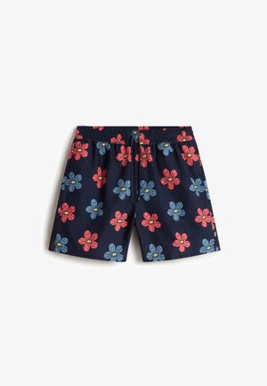 Marineblå badebukser med et blomsterdesign, der har rosa og lyseblå blomster, elastisk talje og snor for justerbar pasform.