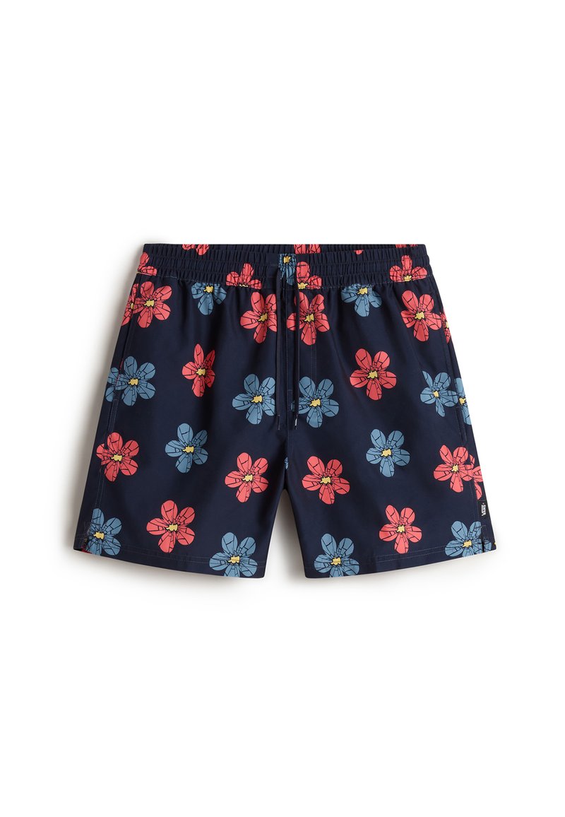 Costume da bagno blu navy con un motivo floreale di fiori rosa e azzurri, vita elastica e cordoncino per una vestibilità regolabile.