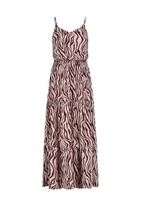 Maxikleid mit einem rosa Grundton und dunkelbraunen Zebramustern. Verfügt über verstellbare Spaghettiträger und einen schichtweisen, fließenden Rock.
