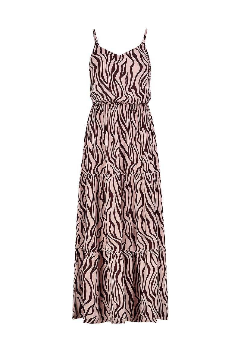 Maxikleid mit einem rosa Grundton und dunkelbraunen Zebramustern. Verfügt über verstellbare Spaghettiträger und einen schichtweisen, fließenden Rock.
