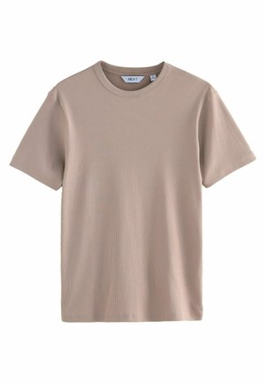 Beige t-shirt med korte ærmer lavet af struktureret stof, med rund hals og løs pasform. Etiket synlig på den indre halsudskæring.