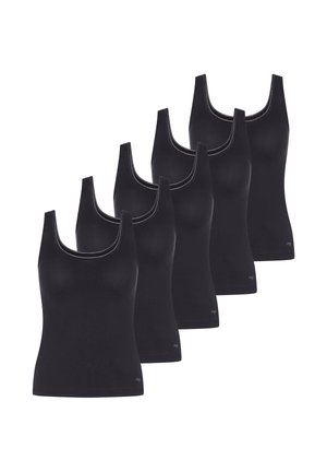 Vijf zwarte tanktops met een ronde halsontwerp, dunne banden en een subtiele contrasterende stiknaad langs de halslijn. Soepele stofstructuur.