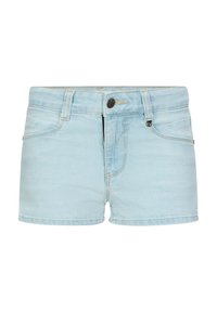 Shorts in denim azzurro chiaro dal design aderente, caratterizzati da una chiusura con bottone, quattro tasche e leggero effettograffiato sul tessuto.