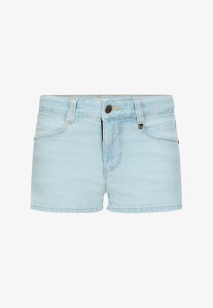 Shorts in denim azzurro chiaro dal design aderente, caratterizzati da una chiusura con bottone, quattro tasche e leggero effettograffiato sul tessuto.